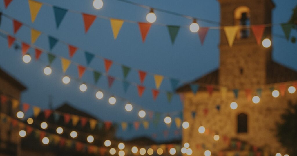 Ilustración de un pueblo en fiestas