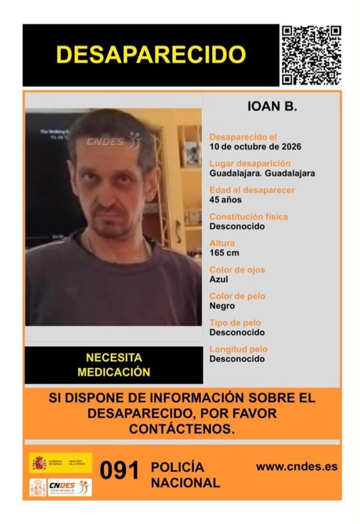 15/10/2026 Cartel de la búsqueda de Ioan B., desaparecido en Guadalajara.
SOCIEDAD ESPAÑA EUROPA CASTILLA-LA MANCHA
POLICÍA NACIONAL